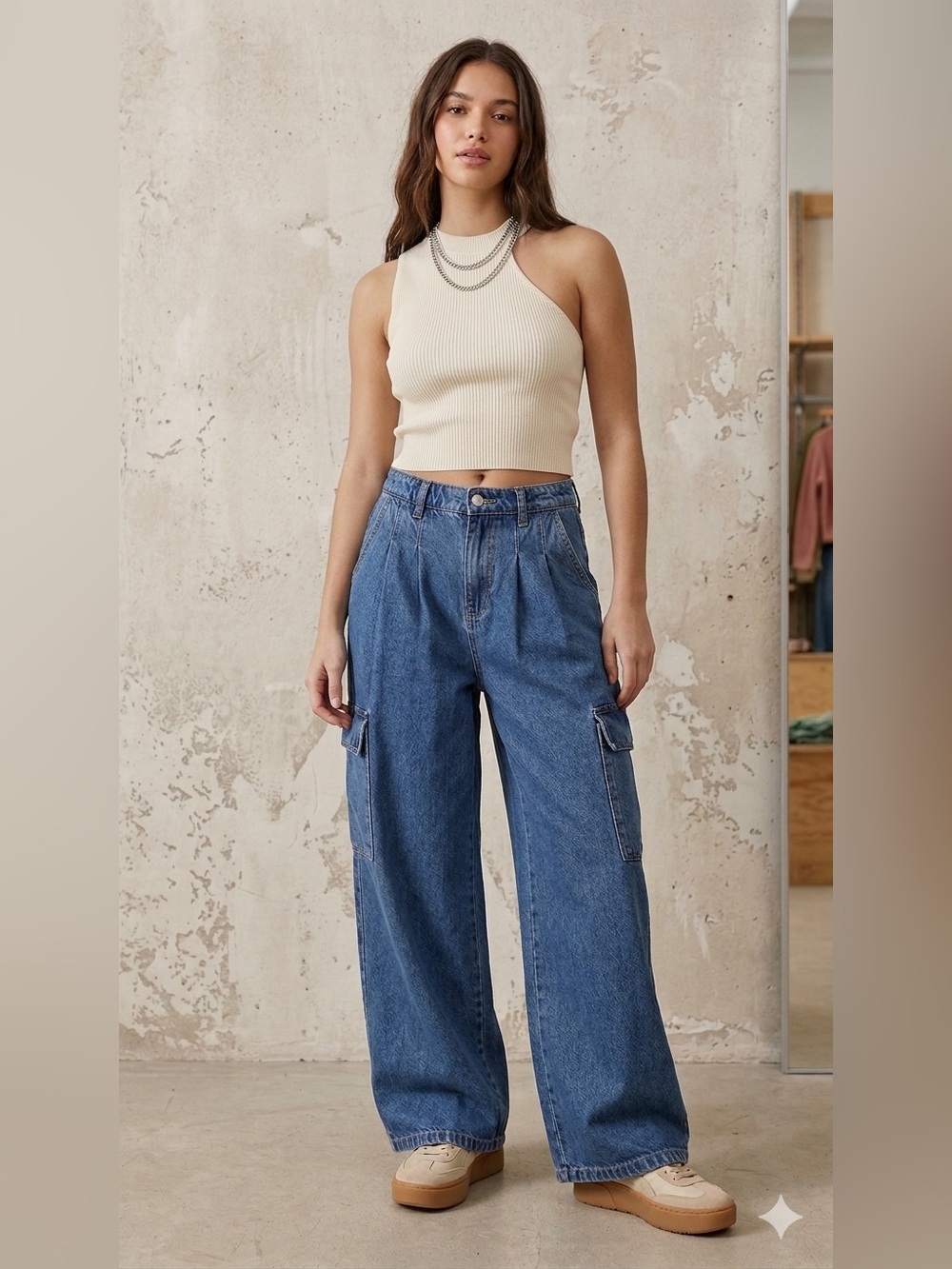 DAZY Wide Leg Pleated Cargo Jeans Medium Wash Denim Baggy Streetwear small